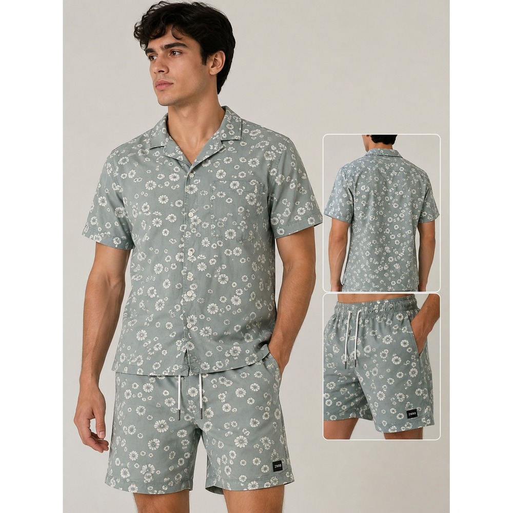 Zanerobe Mens Floral Shirt Short Set Blue Green 2 Piece